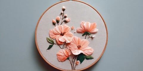 Delicate embroidered peach-colored flowers on a cream-colored hoop