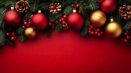 Decorative holiday arrangement with red and gold ornaments on green pine branches against a bold red background