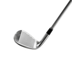 Close-up of a golf club wedge, showing the metal head and shaft