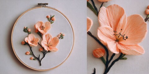 Delicate peach-toned embroidered flowers in a hoop