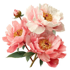 Delicate cluster of pastel pink and white peonies.  A close-up view shows the intricate detail of the blossoms, with soft shading and highlights creating a romantic aesthetic.  