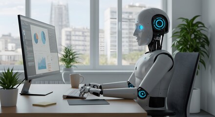 Futuristic Humanoid Robot in Modern Office, AI Robot Working with Data and Charts, Friendly Robotics in Professional Workspace, Advanced Technology with Humanlike Interaction, Artificial Intelligence 