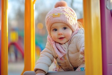 Ultra Hd Visual of the Little Baby Girl Playing at Outdoor Playground Against Green Grass