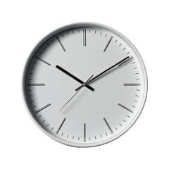 A simple, round, white clock with dark gray hands and markers