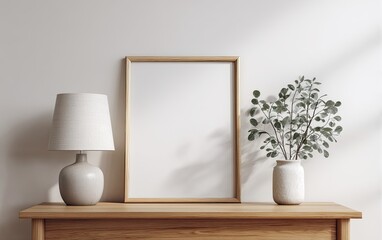 Empty frame, lamp, and greenery on a light-wood console