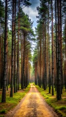 Obraz premium A straight dirt path leads through a dense pine forest with tall trees and green undergrowth