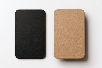 Two blank business cards, black and kraft, on white background