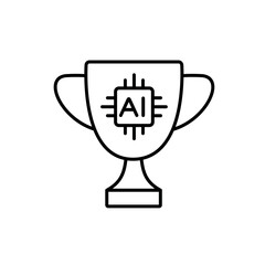 An icon of a trophy cup with an AI chip symbol, representing achievement and high productivity powered by AI, created in line style with editable stroke