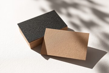 Two business card stacks, dark and light, on a white surface with shadows