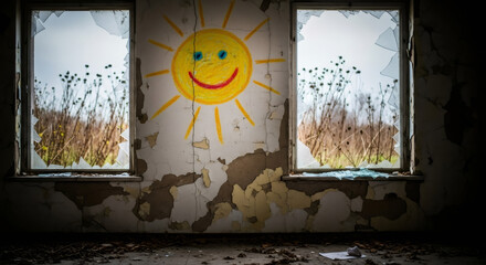 Child's drawing of a bright sun amidst broken glass in a destroyed room. Concept of hope in a war zone or disaster.