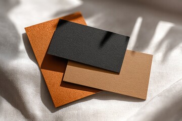 Three blank business cards, terracotta, black, and beige, layered on a white cloth, with natural light and shadows