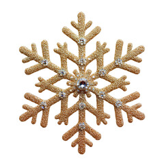 Detailed snowflake-shaped cookie, light beige, adorned with tiny crystals