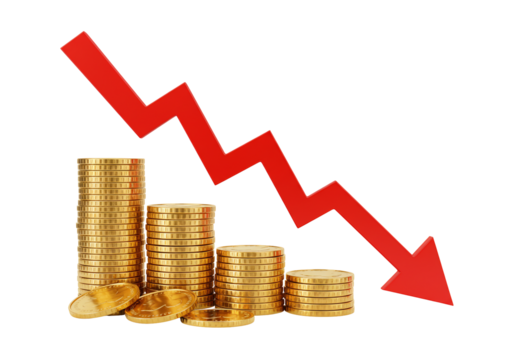 Gold coins stacks with red downward arrow financial decline economic crisis investment risk business loss