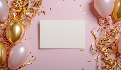 Pink and gold party flatlay with blank card