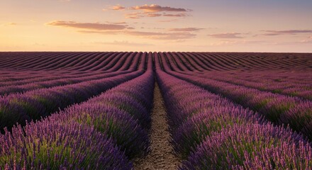 Fototapeta premium Rolling lavender fields in full bloom under a warm summer sunset sky. Beautiful rural scenery symbolizing relaxation, wellness, and romance. Ideal for spa branding, travel campaigns, eco-friendly proj