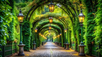 Fototapeta premium Enchanting green garden tunnel with ornate lanterns and ivycovered arches creating a magical pathway