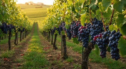 Fototapeta premium Rolling vineyard hills under warm sunlight with ripe grapes ready for harvest. Agricultural and rural beauty perfect for wine branding, lifestyle visuals, food campaigns, and eco-tourism projects high