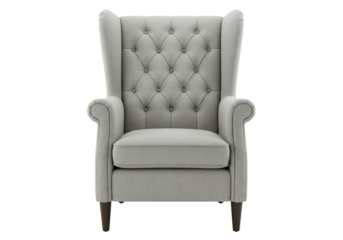 Light gray upholstered armchair with high back and button tufting on transparent background