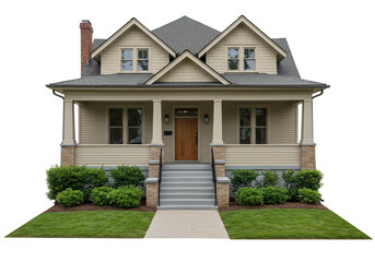 Beige house with porch and landscaping residential home exterior front view
