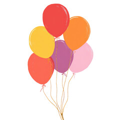 Colorful bunch of balloons tied together.  A vibrant cluster of  round, various-hued balloons are fastened to a central bunch of strings