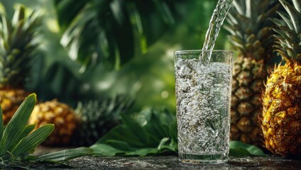 Refreshing drink poured into a glass, surrounded by pineapples and tropical foliage