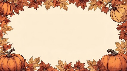 A festive autumn frame with a border of pumpkins, gourds, and colorful fall leaves on a rustic paper background. A perfect design for a Thanksgiving dinner invitation or harvest festival