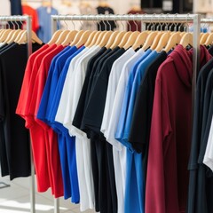 Obraz premium Colorful t-shirts hung on a clothing rack displaying a variety of styles