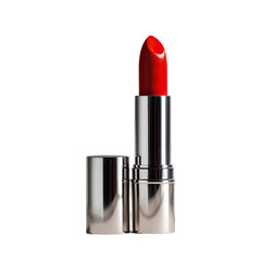 Close-up of a vibrant red lipstick in a chrome-colored tube, open and closed cap beside