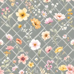 Watercolor floral wreath pattern hand-painted wildflowers and leaves with ribbon on white background for wallpaper and fabric.