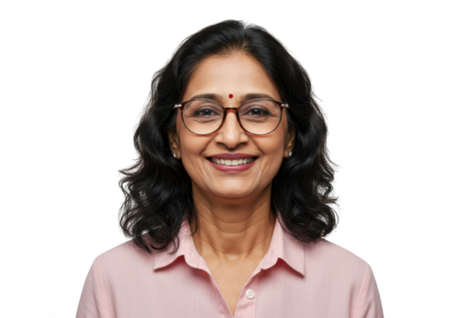 Portrait of a smiling indian woman with glasses isolated on transparent background