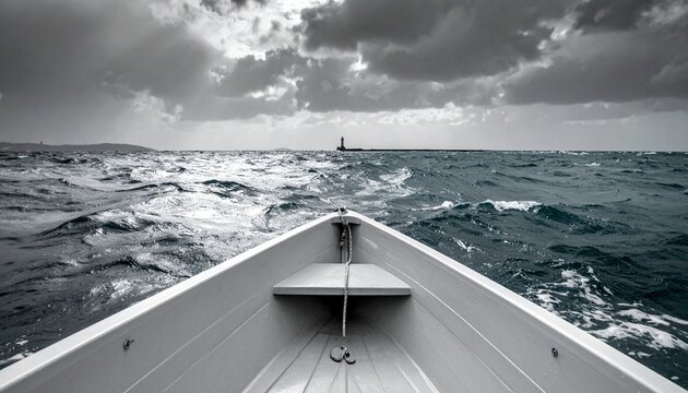 Bow view of small boat on turbulent ocean waves under dramatic stormy sky, a challenging sea adventure