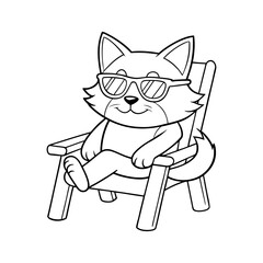 a cat sitting on chair wearing sunglasses on white vector line art