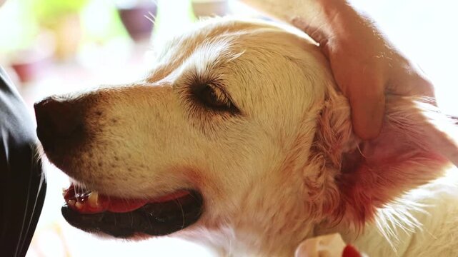 Pet owner cleaning ears of golden retriever dog