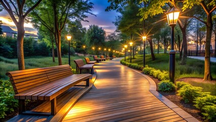 Naklejka premium Empty park pathway with illuminated benches and lampposts at dusk, creating a serene and inviting atmosphere