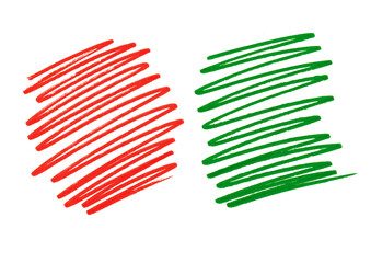 Set of two spots of chaotic strokes. Red and green color. Isolated on a white background. The lines have a texture. Sample of a marker or felt tip pen on paper. A spots of a rectangular shape.