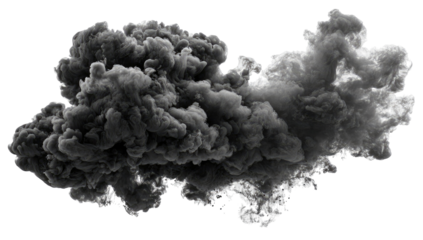 A dramatic grayscale image of a large, billowing cloud of smoke.  The smoke has a chaotic, irregular form, with varying densities of dark and light gray tones.  A defined edge outlines the cloud