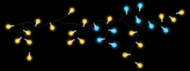 Party lights set icon. Twisted electric string with glowing bulbs in soft yellow and blue tones. Used for celebration decor, events, and cozy mood visuals.