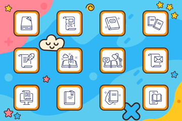 Literature set icon. Single book, ebook reader, closed book, two books, scroll with feather, storybook, study lamp, envelope on scroll, monitor with text, book with ribbon