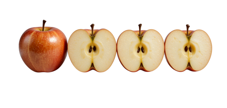 Close up view of a ripe red apple and three identical cross sections arranged in a row against