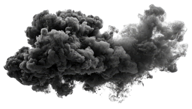 A dramatic grayscale image of a large, billowing cloud of smoke.  The smoke has a chaotic, irregular form, with varying densities of dark and light gray tones.  A defined edge outlines the cloud