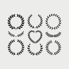 Laurel wreath set vector illustration, black silhouette award and victory symbols, decorative leaf border elements isolated for logo, certificate, invitation design.