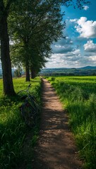 Obraz premium Old bicycle on a narrow dirt path beside lush green trees and fields