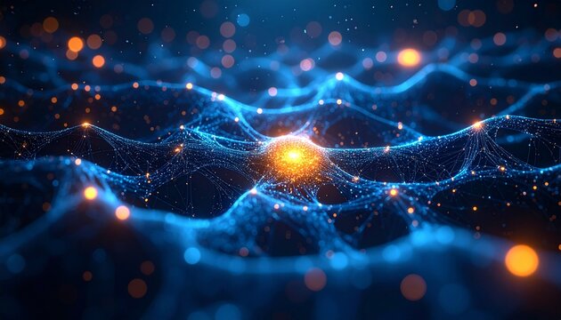 Abstract Futuristic Digital Network Connections, Glowing Blue Grid with Orange Data Points. Technology Background for AI and Big Data Concept