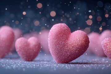 Fototapeta premium Pink hearts on a glittery surface, bokeh background