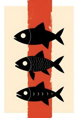 A minimalistic illustration of three stylized fish stacked vertically