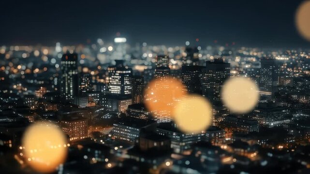 Cityscape Aerial View at Night with Bokeh Lights Tilt Shift Effect