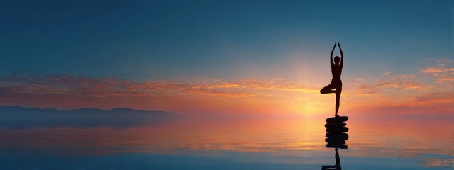 Obraz premium Serene person balancing on a platform during a colorful sunset over the water