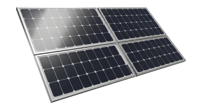 Four interconnected solar panels arranged in a square formation isolated on transparent background