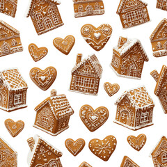 Gingerbread houses and hearts, festive pattern