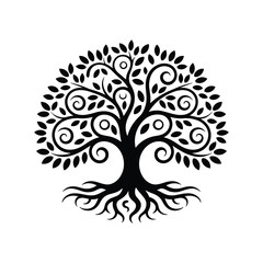 Tree of life silhouette with decorative roots and branches, spiritual growth symbol, sacred geometry inspired nature design for wellness, balance, harmony, and ecology